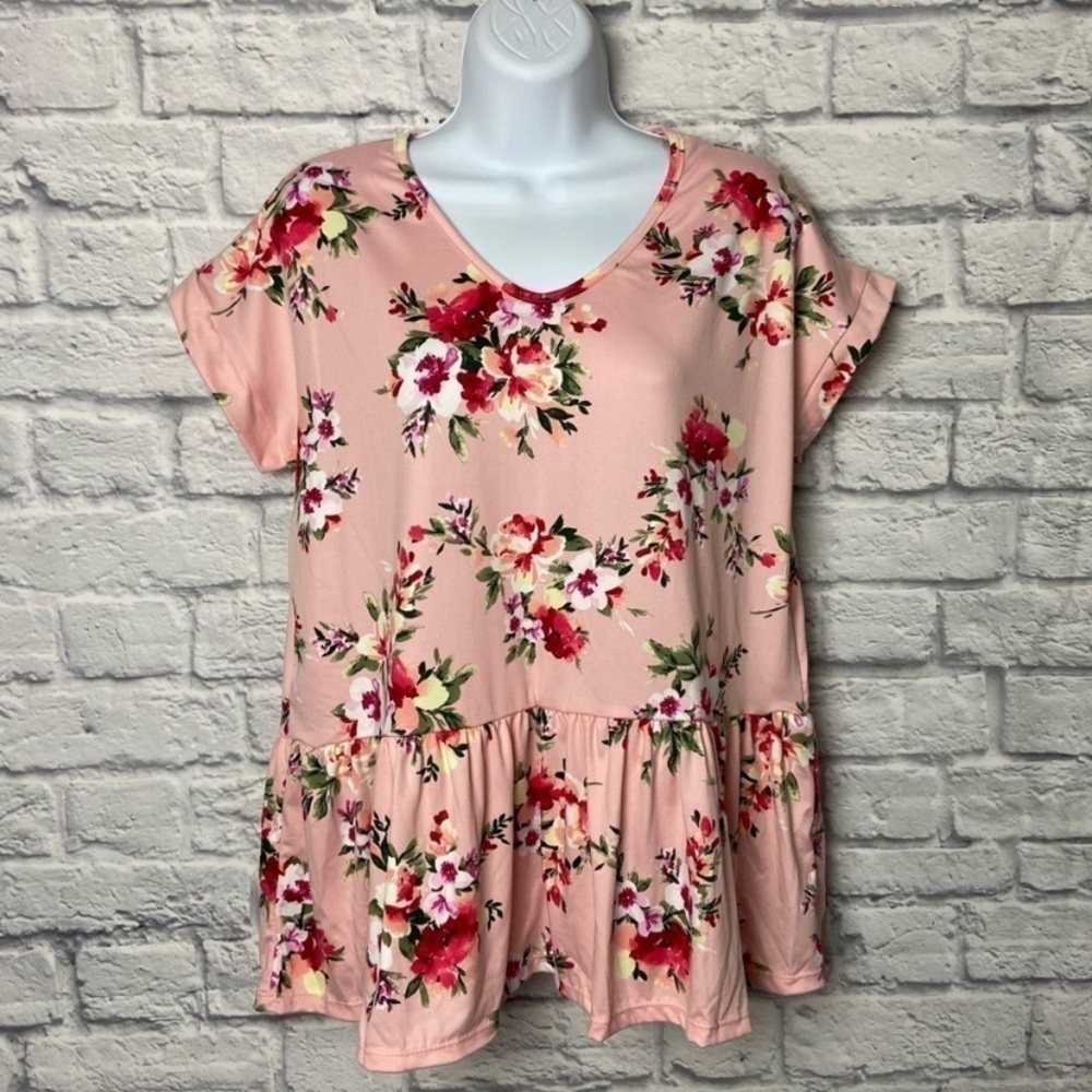 Haptics Boutique Small Pink Floral Short Sleeve Peplum Blouse